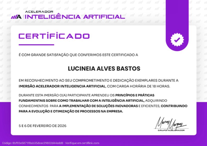 Certificado da Imersão Inteligência Artificial, Lucineia Alves Bastos, Grupo Acelerador