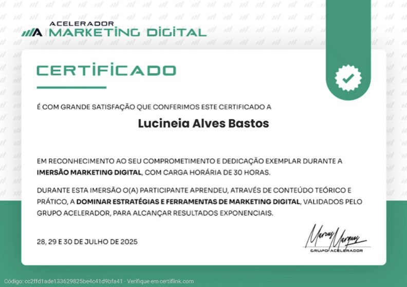 Certificado da Imersão Marketing Digital, Lucineia Alves Bastos, Grupo Acelerador