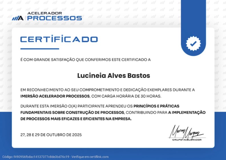 Certificado da Imersão Processos, Lucineia Alves Bastos, Grupo Acelerador