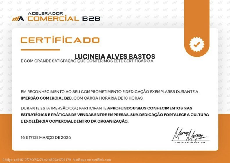 Certificado da Imersão Comercial B2B, Lucineia Alves Bastos, Grupo Acelerador